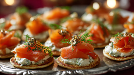 Elegant gourmet canapés with smoked salmon, cream cheese, dill, and gold leaf on blinis arranged on a silver tray