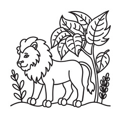 Obraz premium line art cute lion walking in forest kids for colouring page
