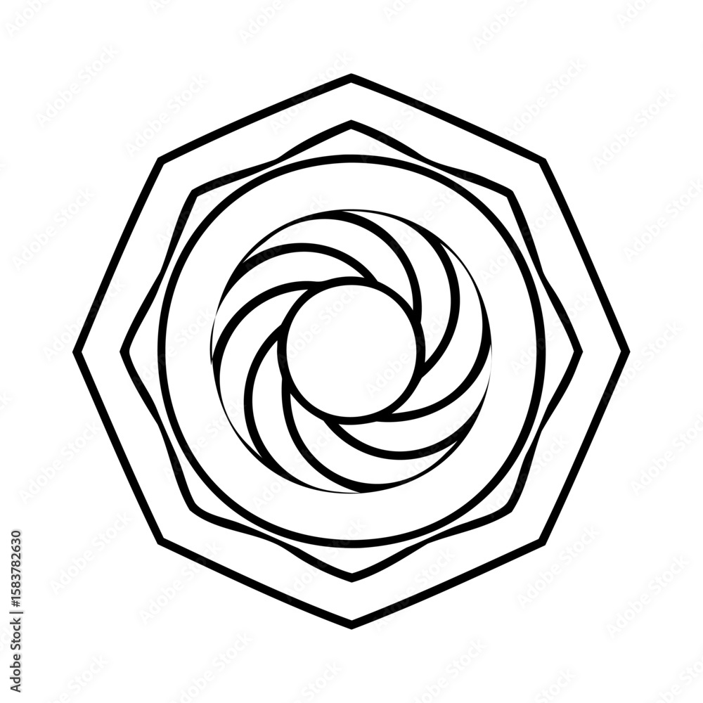 Poster geometric design with layered shapes a central aperture-like spiral lines abstract