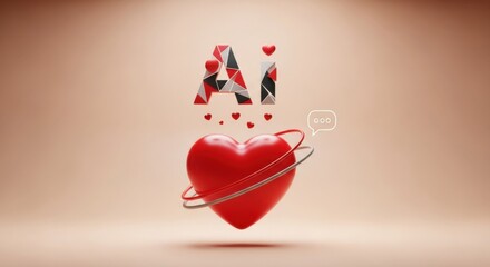 Red Heart with A I Text and Speech Bubble on Beige Background artificial intelligence love