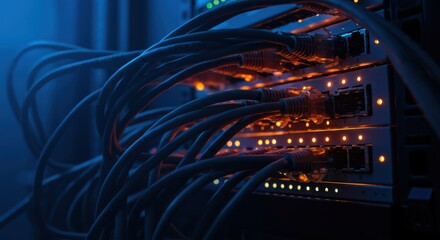 Intricate network cables connect servers in a dark data center with glowing orange and green lights
