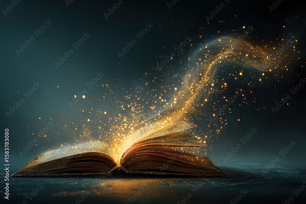 Poster open book releasing enchanting golden light in a mystical atmosphere, creating an aura of magic and 