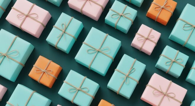 A colorful arrangement of pastel gifts wrapped with string and bows