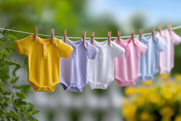 Baby clothes hanging on a clothesline, soft colors and fresh laundry concept in a garden setting.