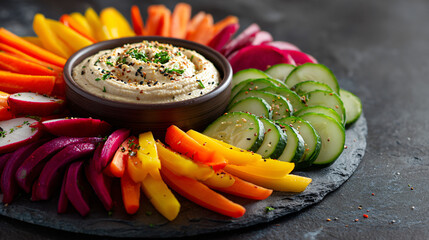 Colorful vegetable platter with hummus dip on dark slate tray, inviting and fresh appetizer