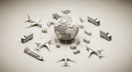 3D globe with global transportation and logistics elements