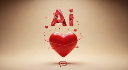 Red heart with orbiting rings and A I text on beige background artificial intelligence love