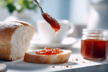 Breakfast time: Delicious bread and jam served with a cup of tea, fresh food concept with bright sunny light 