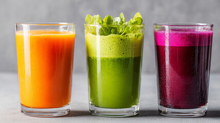 Three colorful fresh juice glasses with orange, green, and beetroot juices side by side