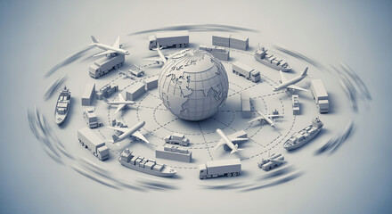 3D globe with global transportation and logistics elements