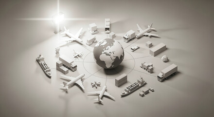 3D globe with global transportation and logistics elements