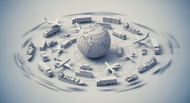 3D globe with global transportation and logistics elements