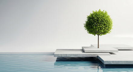 Elegant Green Sapling on Geometric Stone Above Calm Water in a Soft Studio Environment