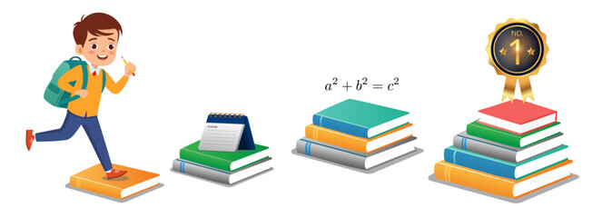 School educational success story, journey illustration. A young cheerful male student stepping up on stack of books, learning materials and math formulas to reach a number one badge achievement