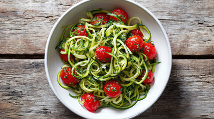 Fresh zucchini noodle salad with cherry tomatoes and pesto in a white bowl on rustic wood