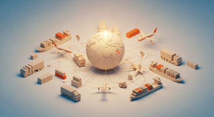 3D globe with global transportation and logistics elements