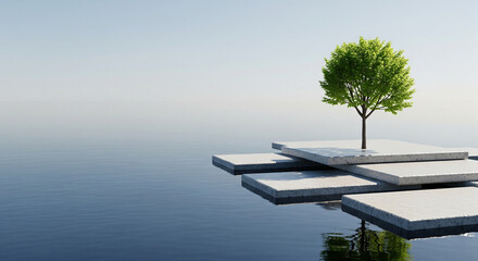 Elegant Green Sapling on Geometric Stone Above Calm Water in a Soft Studio Environment