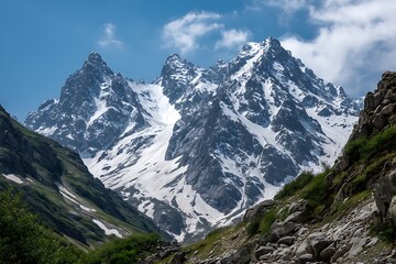 A stunning mountain landscape, with snow-capped peaks rising against a bright, clear sky, showcasing the beauty of naturea??s grandeur.
