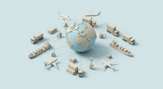 3D globe with global transportation and logistics elements