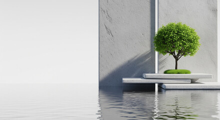 Elegant Green Sapling on Geometric Stone Above Calm Water in a Soft Studio Environment