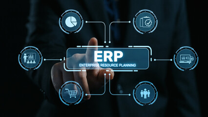 ERP platform visual showing centralized system for enterprise resource planning, improving...