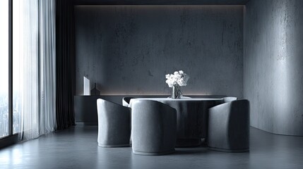 Modern dining room interior with concrete walls.