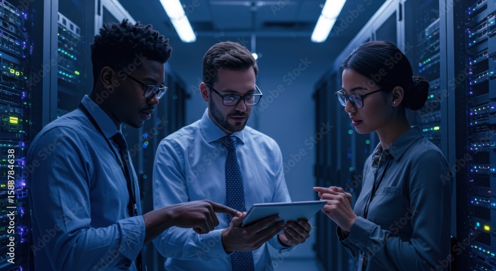 Poster diverse it professionals collaborate using a tablet amidst glowing server racks in a modern data cen