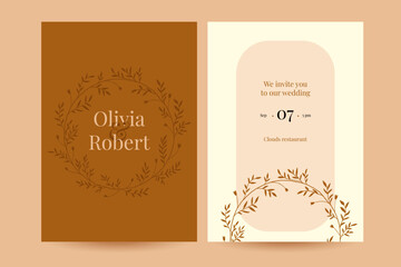 sunny wedding invitation with a floral wreath in a minimalist style