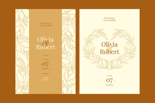 wedding invitation with golden flower buds and a heart of roses