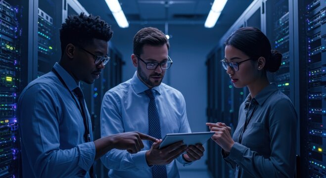 Diverse it professionals collaborate using a tablet amidst glowing server racks in a modern data center environment