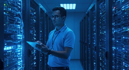 It professional in blue shirt uses tablet to monitor glowing server racks in a modern data center