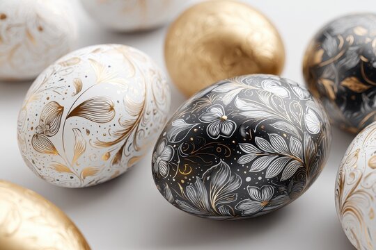 Elegant Easter eggs adorned with metallic designs on a soft surface create a stylish festive atmosphere for springtime celebrations and gatherings