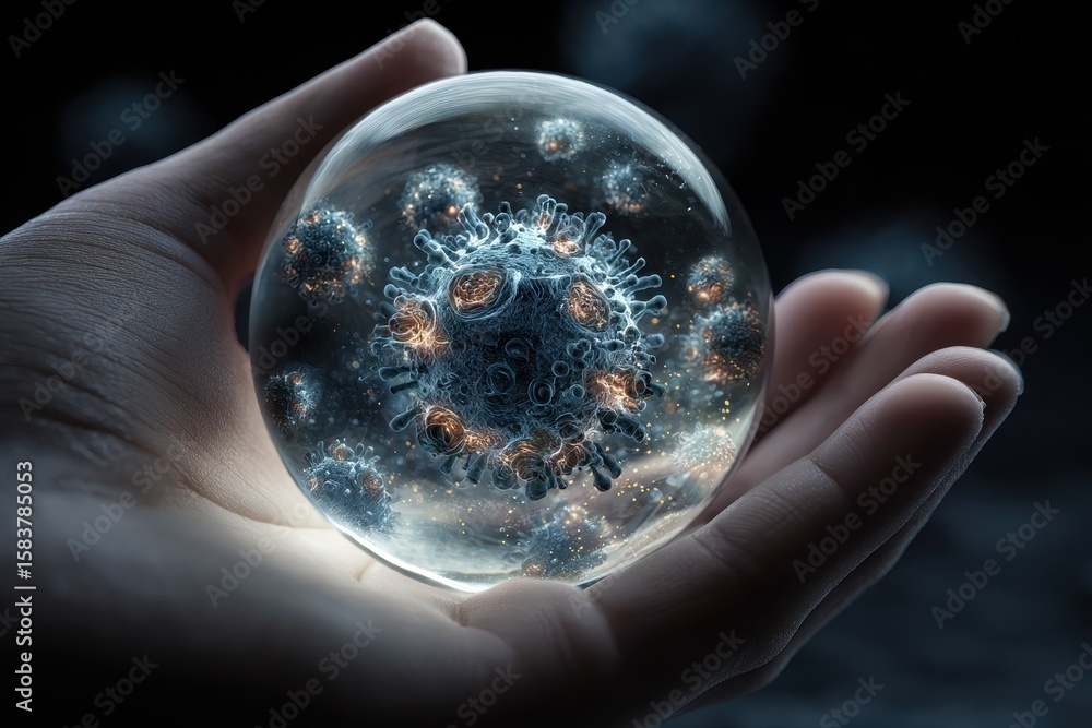 Poster microscopic view revealing intricate structures of a coronavirus cell in a glistening sphere held in