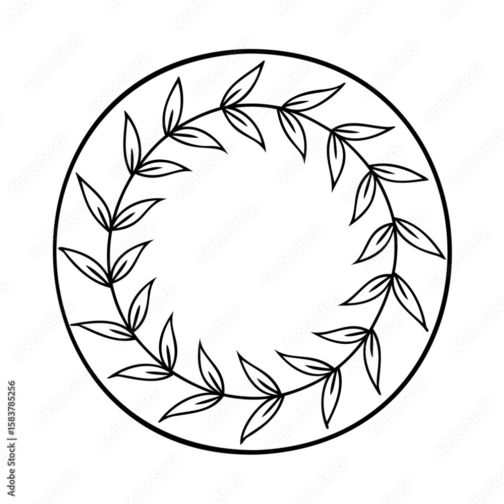 Poster circular frame with stylized leaves arranged in a symmetrical pattern circle leaf