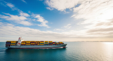 A new modern container ship with containers is sailing on the sea