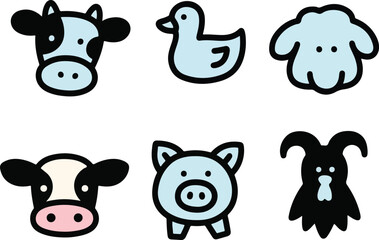 Obraz premium Collection of six cute cartoon farm animals and a ghost isolated on transparent background