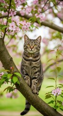 Tabby cat sitting on a tree branch with pink blossoms and green leaves feline animal