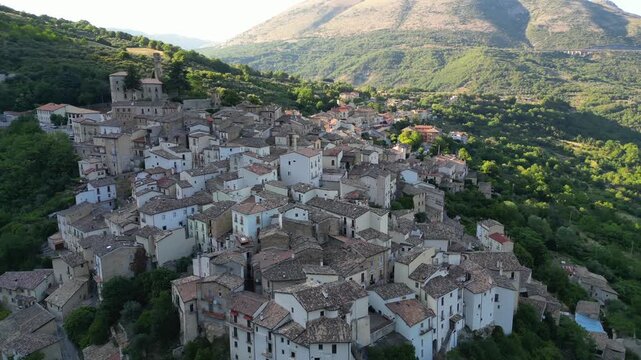 Panoramic aerial drone view of the village of Anversa degli Abruzzi in the province of L'Aquila in Abruzzo. The Gole del Sagittario nature reserve is nearby.