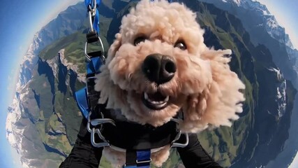Poodle takes plunge! Canine skydives with scenic mountain view. Adorable dog enjoys skydiving adventure with majestic peaks backdrop.