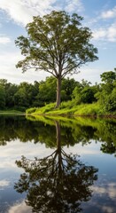 Tall green tree reflected in calm blue water with white clouds in sky reflection nature