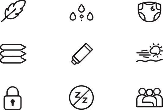 Collection of nine simple outline icons representing various concepts like feather water drops moon layers tube sun lock sleep and people isolated on transparent background