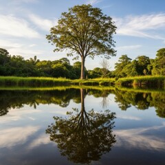 Tall green tree reflected in calm water with blue sky and clouds reflection nature