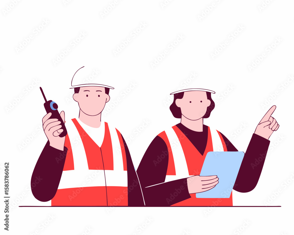 Poster two workers wearing safety vests communicating with a radio and pointing to something with transpare