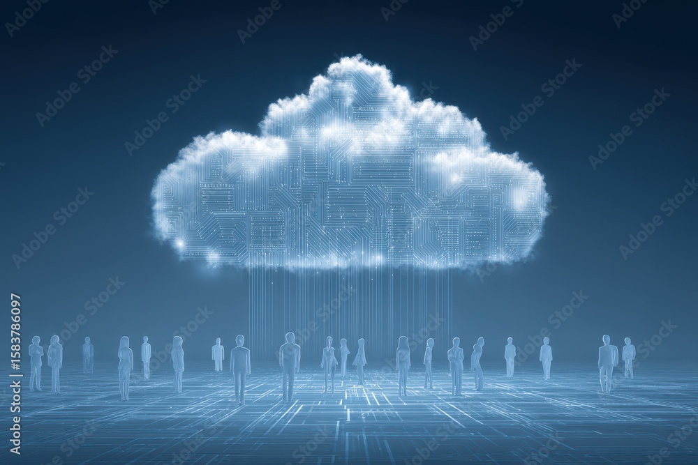 Poster cloud computing technology concept depicting data flow with people interacting in a digital landscap