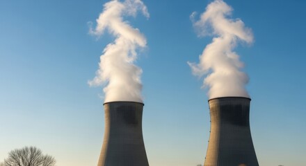 Two cooling towers emitting steam against a clear blue sky power plant smoke
