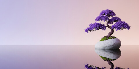 Violet Bonsai Reflected in Still Water with Soft Blush and Lavender Background