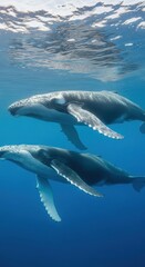 Two humpback whales swimming in clear blue ocean water with sunlight filtering from above marine life