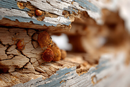 Termite nests found in rotten wood. Wood decay caused by termites activity. A termite invasion in house walls. Termite trails visible in wooden planks. Broken timber reveals termite damage.