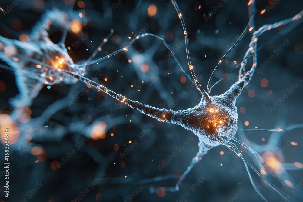 Poster close up view of neuron cells transmitting signals in a dynamic environment showcasing neural activi