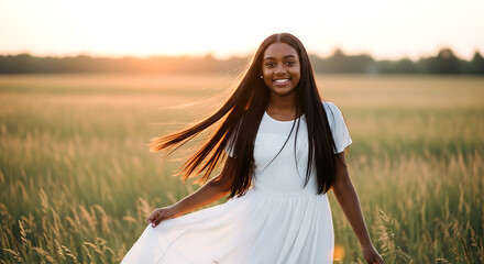 Naklejka premium Young Woman in White Dress Smiling in a Golden Meadow at Sunset, Radiating Joy and Natural Beauty